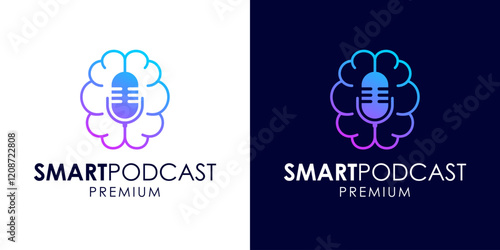 Smart podcast logo icon design template. Brain and microphone icon symbol vector illustration for education. Think podcast logo. Broadcast entertainment business logo template vector illustration.