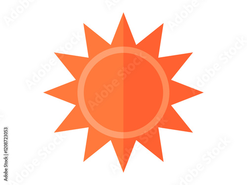 A bright orange sun with sharp rays against a white background. Ideal for weather forecasts summer themes climate-related projects energy discussions environmental awareness outdoor activities playful photo