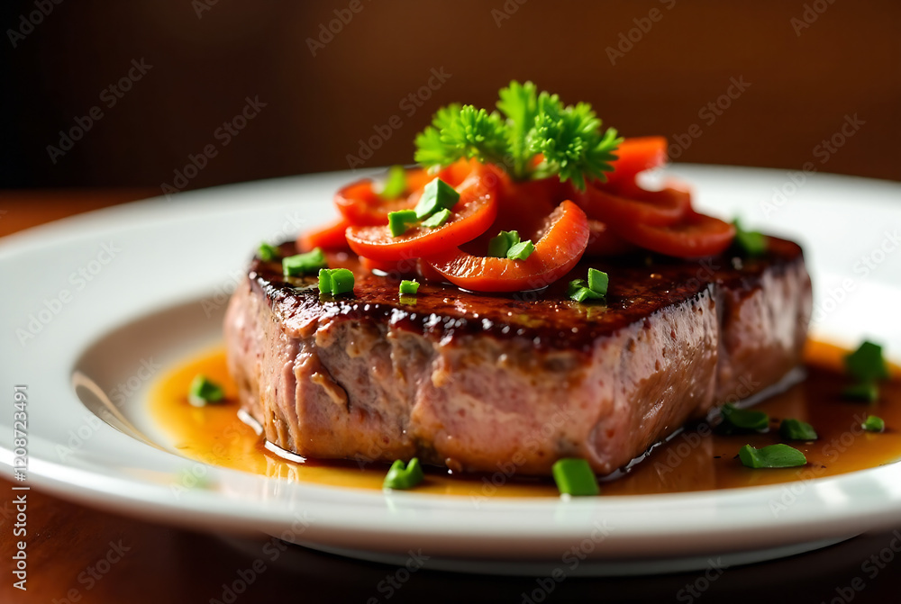 Grilled beef steak side with half tomato on white plate, on wooden table. Depth of field, warm mood, vibrant vibe, soft lighting, rustic atmosphere, photorealistic style, high quality, realistic tex Grilled beef steak side with half tomato on white plate, on wooden table. Depth of field, warm mood, vibrant vibe, soft lighting, rustic atmosphere, photorealistic style, high quality, realistic tex