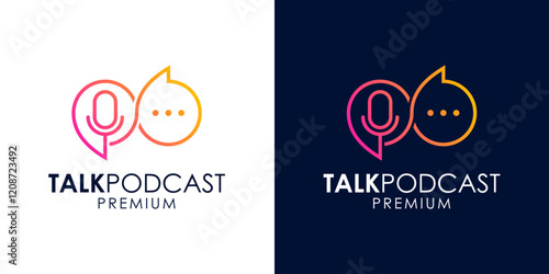 Chat or talk icon logo with microphone and bubble illustration template. Podcast or Radio Logo design using a Microphone and Bubble chat or talk icon. Talk business logo symbol vector illustration.