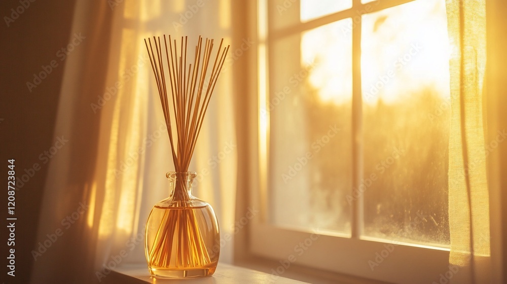 Fototapeta premium Reed diffuser with sunset light through window.