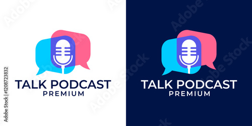 Chat or talk icon logo with microphone and bubble illustration template. Podcast or Radio Logo design using a Microphone and Bubble chat or talk icon. Talk business logo symbol vector illustration.