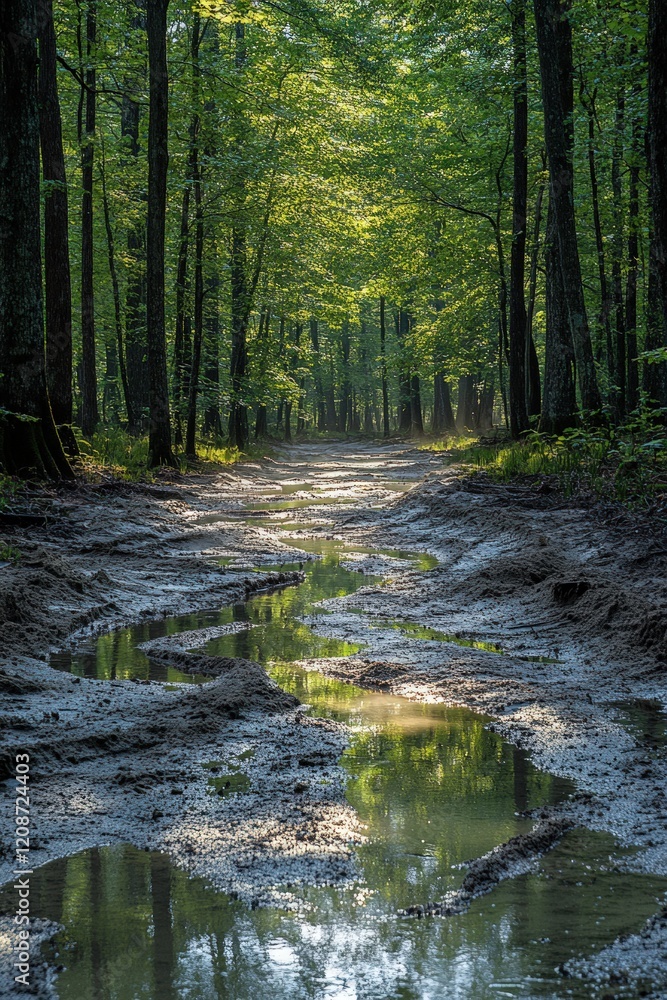Sunlit forest path, muddy, water reflections. Sunlit forest path, muddy, water reflections.