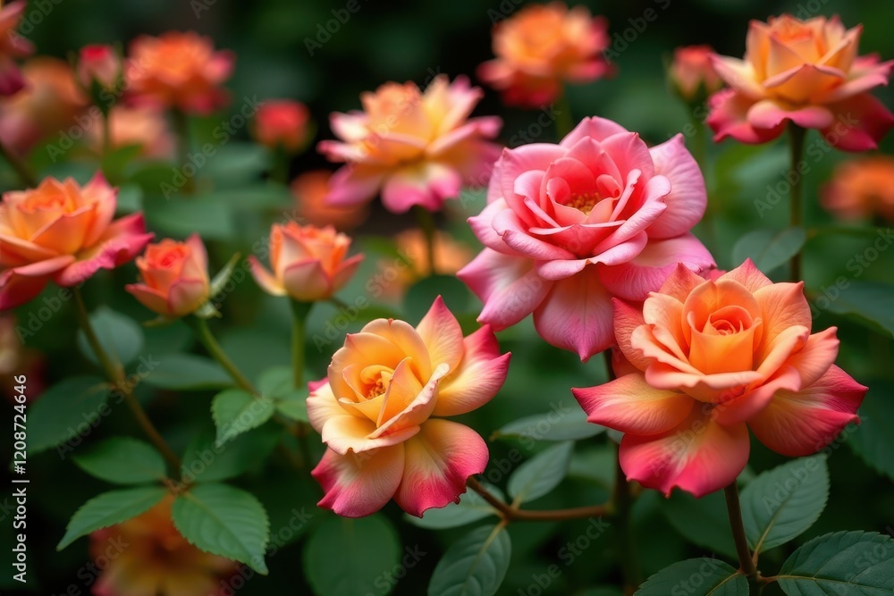 Pink roses with orange and yellow petals against green foliage, flowersin garden, flowers Pink roses with orange and yellow petals against green foliage, flowersin garden, flowers