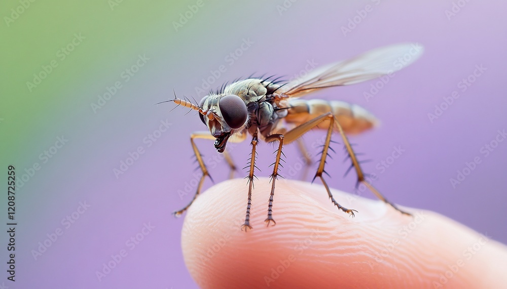 Close-up of a fly on a fingertip. Close-up of a fly on a fingertip.
