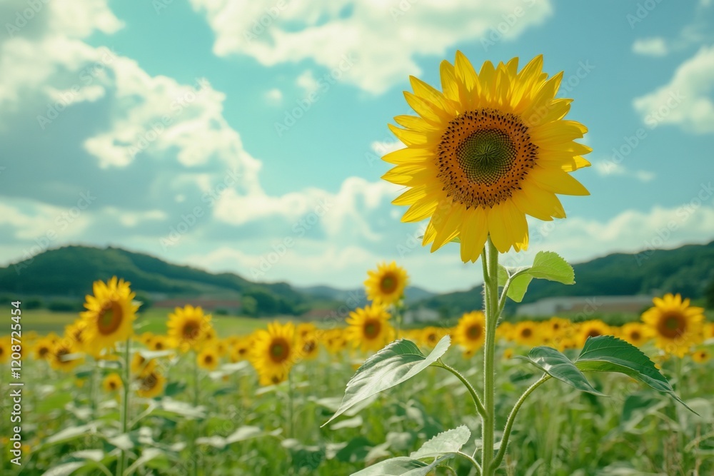 Single sunflower in focus, field of sunflowers and hills in background, sunny day. Single sunflower in focus, field of sunflowers and hills in background, sunny day.