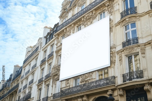 Fototapeta Naklejka Na Ścianę i Meble -  Blank billboard on a Parisian building. Ideal for advertising mockups, showcasing your brand or design on a large format.