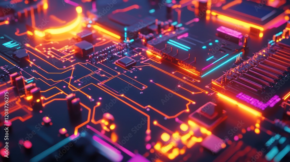 Obraz premium Circuit Board with Neon Lights