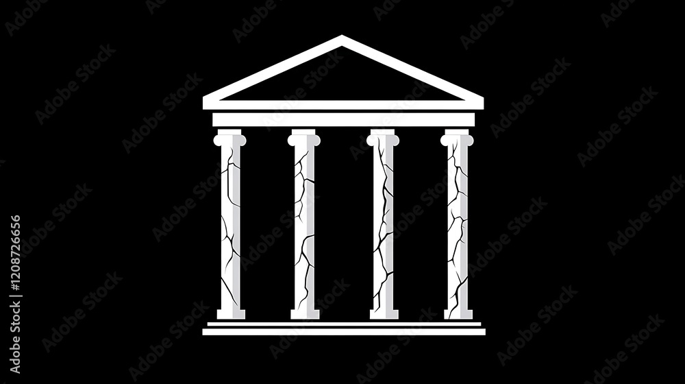 Iconic representation of a bank building featuring distinct cracks, symbolizing deterioration and the effects of time on financial institutions and their architecture. Iconic representation of a bank building featuring distinct cracks, symbolizing deterioration and the effects of time on financial institutions and their architecture.