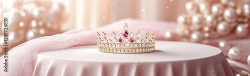 Wallpaper Mural Sparkling jeweled crown on pink table with pearls. Torontodigital.ca