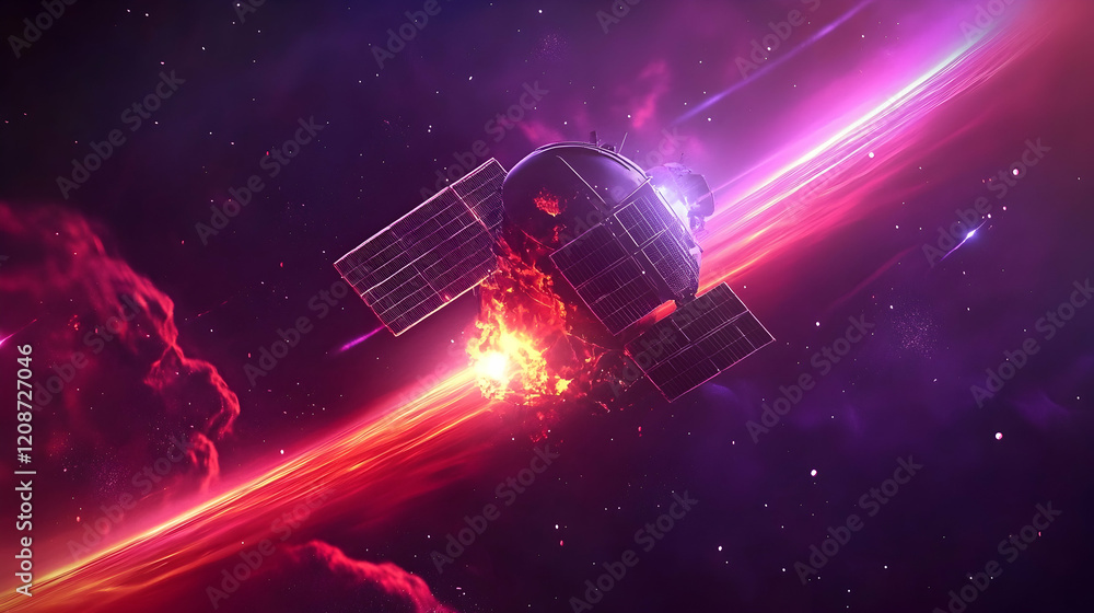 Satellite burning up in atmosphere, space debris, cosmic background, fiery destruction, science illustration Satellite burning up in atmosphere, space debris, cosmic background, fiery destruction, science illustration