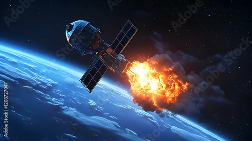 Satellite burning up in Earth's atmosphere during re-entry.  Space debris disaster