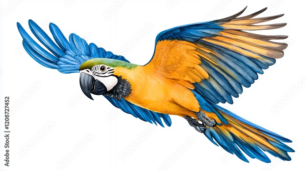 Fototapeta premium Colorful Macaw Flying Through Bright Blue Sky with Spread Wings