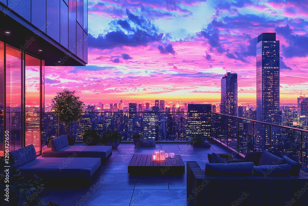 Fototapeta premium Aerial view of a city skyline at sunset with vibrant colors and silhouettes from a rooftop perspective showcasing urban architecture and streets