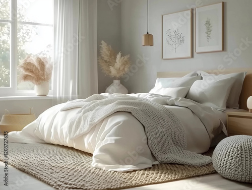 Bright Scandinavian bedroom with soft neutral tones, cozy bedding, and natural sunlight, perfect for modern, minimalist, and serene lifestyle themes