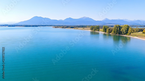 Serene lake, mountains backdrop, calm water, shoreline trees, idyllic landscape, perfect travel photography photo