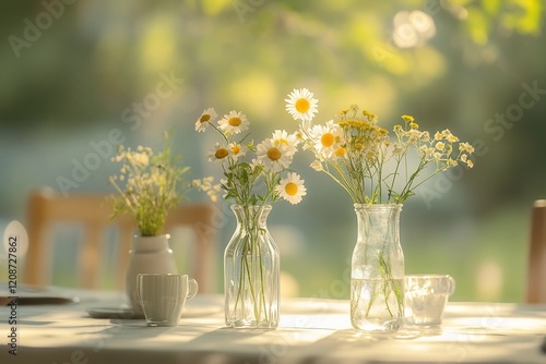 Wallpaper Mural Sunlit daisies in glass vases on table. Torontodigital.ca