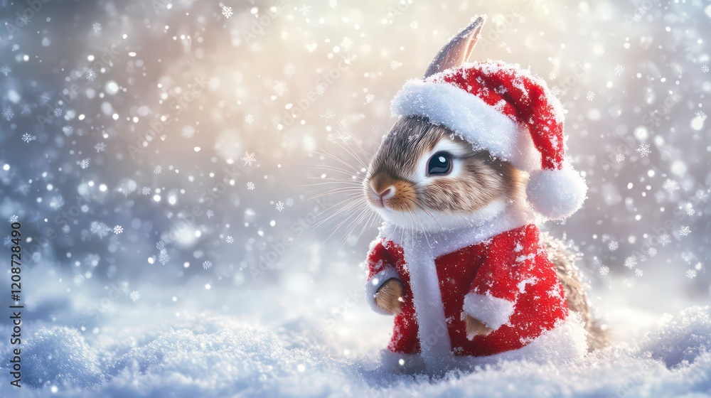 tiny bunny dressed as santa claus in a winter wonderland, surrounded by gently falling snowflakes and a festive atmosphere, evoking feelings of joy and whimsy during the holiday season tiny bunny dressed as santa claus in a winter wonderland, surrounded by gently falling snowflakes and a festive atmosphere, evoking feelings of joy and whimsy during the holiday season
