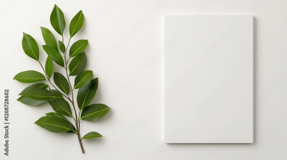 Fresh Green Leaves Arrangement Next to a Blank White Sheet on a Minimalist Background for Nature-Inspired Design and Creative Projects Fresh Green Leaves Arrangement Next to a Blank White Sheet on a Minimalist Background for Nature-Inspired Design and Creative Projects