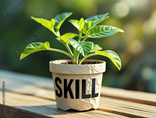Growing skills concept with a young plant in a labeled pot symbolizing personal development learning and nurturing talents for growth self-improvement and achieving professional or personal goals


