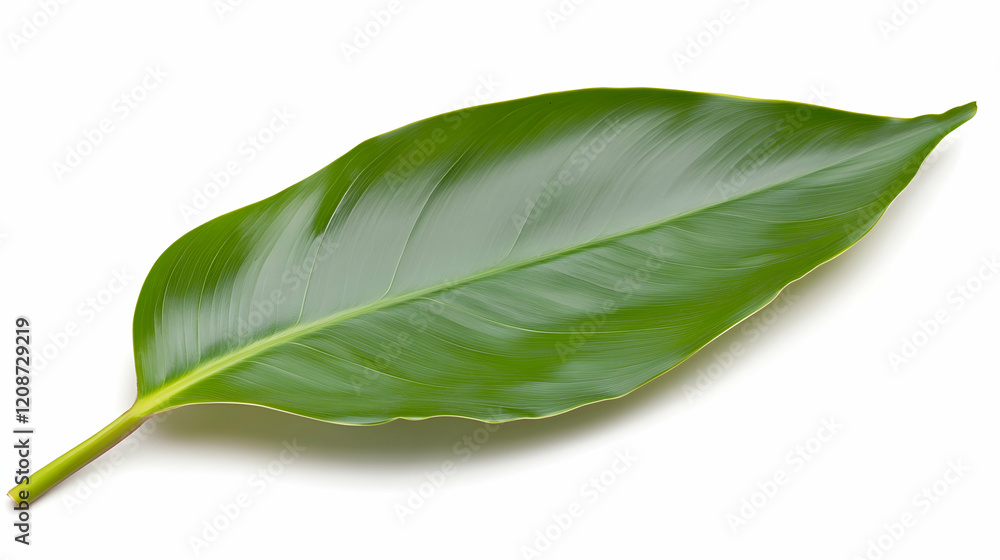 Fototapeta premium Single green leaf isolated on white background, perfect for design elements or natural textures