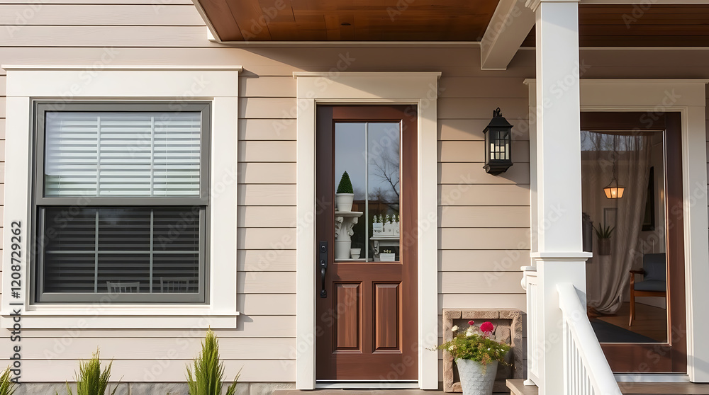 Fototapeta premium Elegant Home Exterior: Modern Design and Classic Style. Find your dream house with this stunning front porch and charming facade. Perfect for real estate listings and home inspiration.