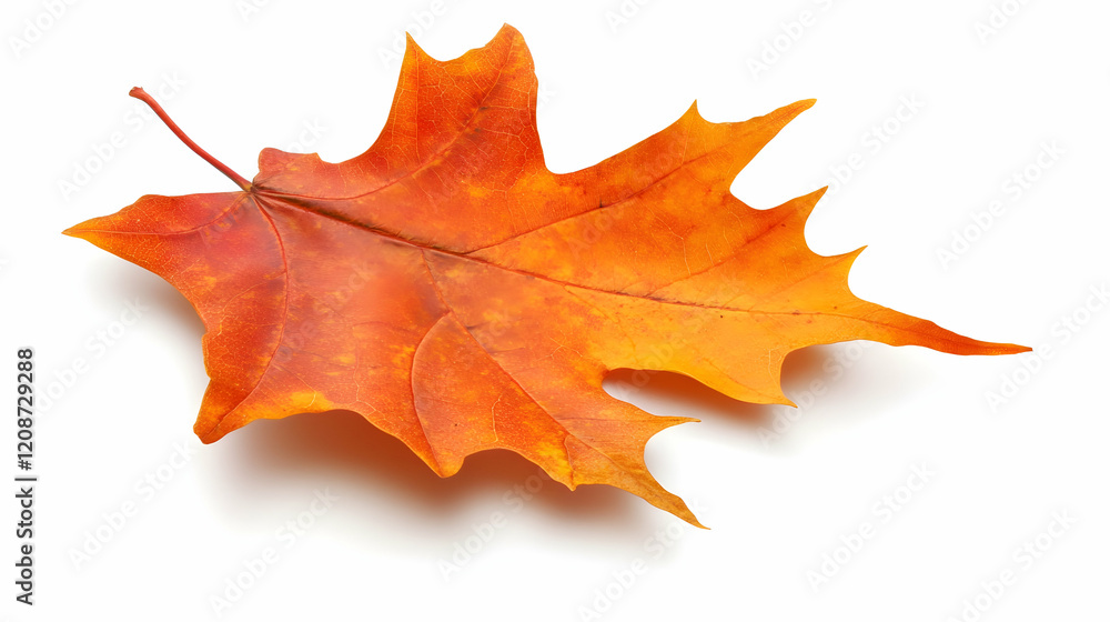 Obraz premium Single orange autumn leaf isolated on white background; ideal for fall-themed designs