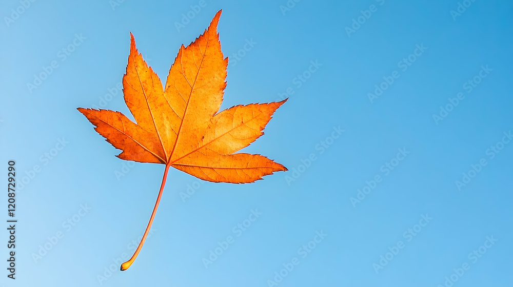 Single orange maple leaf falling against a clear blue sky; autumn nature background for seasonal designs Single orange maple leaf falling against a clear blue sky; autumn nature background for seasonal designs