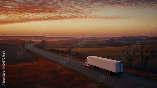 Semi-truck driving on a highway at sunrise through scenic countryside. photo