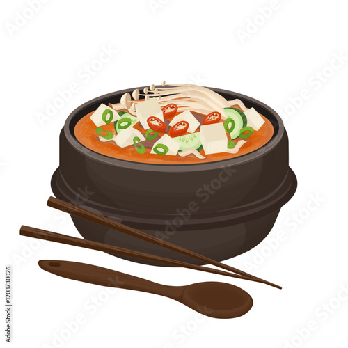 Vector Illustration Logo Clipart Delicious Doenjang Jjigae Korean Silken Tofu Soup on a Ttukbaegi
