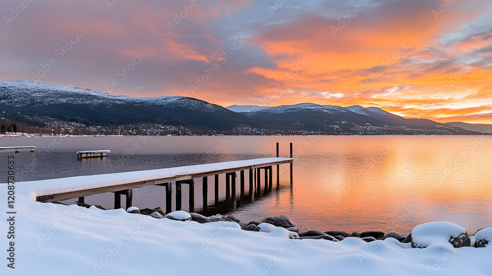 Snowy lake sunrise pier winter mountains peaceful scenic winter wonderland travel photography Snowy lake sunrise pier winter mountains peaceful scenic winter wonderland travel photography