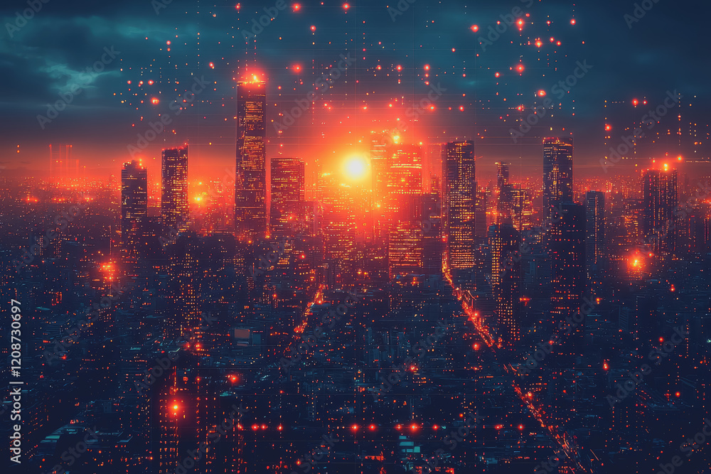 Fototapeta premium Night view of a vibrant city skyline filled with illuminated buildings and bright lights showcasing urban architecture and city life