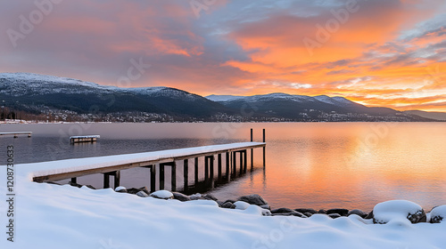 Wallpaper Mural Snowy lake sunrise pier winter mountains peaceful scenic winter wonderland travel photography Torontodigital.ca