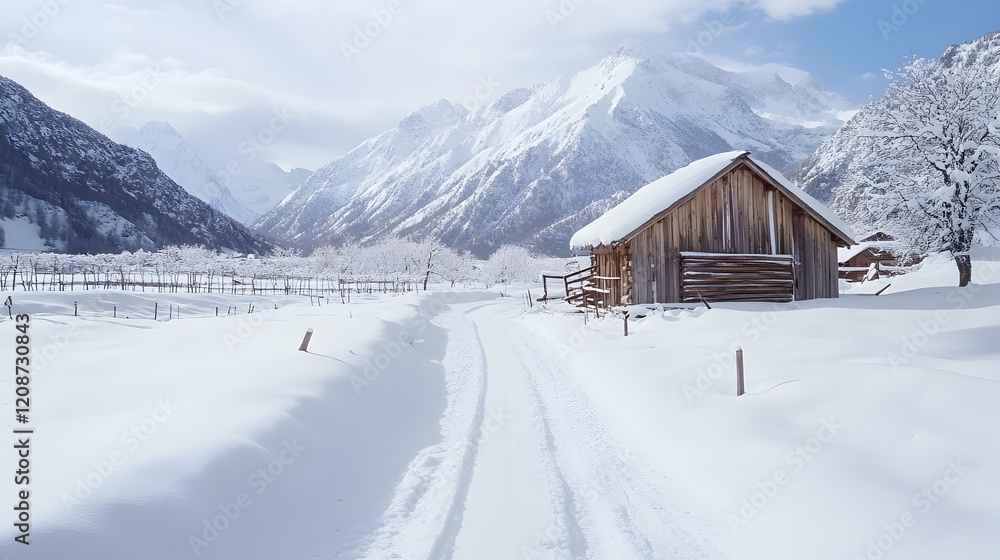 Snowy mountain valley road, wooden cabin, winter landscape Snowy mountain valley road, wooden cabin, winter landscape