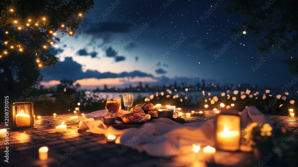 Fototapeta Romantic outdoor dinner with candles under a starry sky.