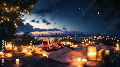 Romantic outdoor dinner with candles under a starry sky.