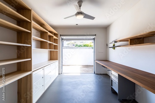 Modern minimalist home office with wooden shelving, desk, and garage door access to backyard. photo