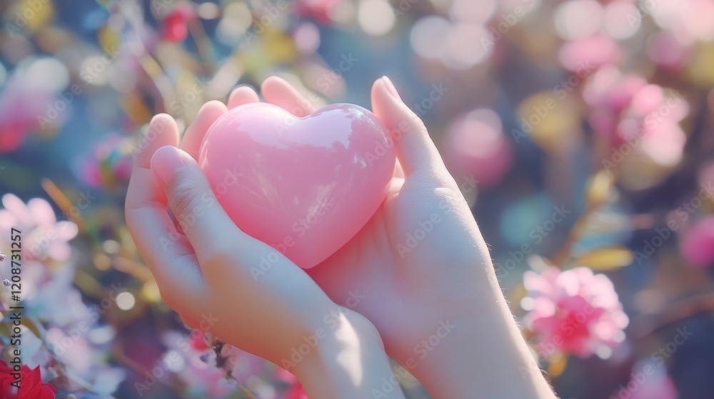 Two hands gently hold a pink heart, soft, dreamy background. Perfect for Valentine's Day, love, romance, or tenderness themes. Two hands gently hold a pink heart, soft, dreamy background. Perfect for Valentine's Day, love, romance, or tenderness themes.