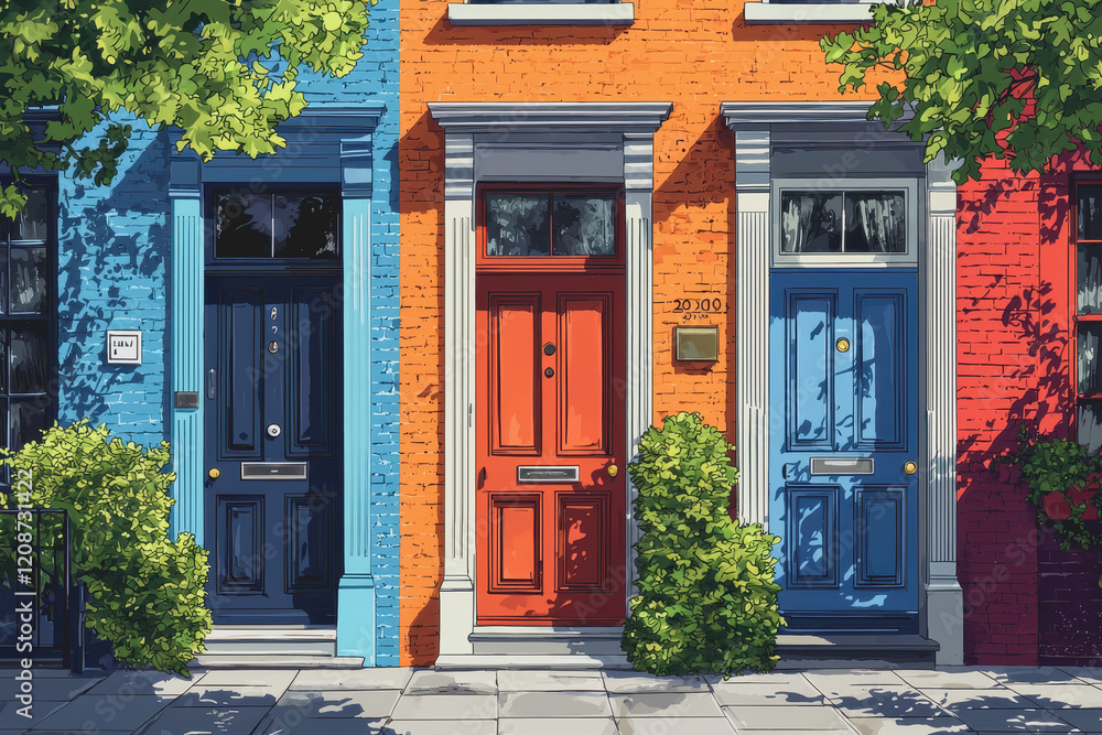 Naklejka premium Row of colorful houses featuring a prominent red door in a vibrant residential area during daylight