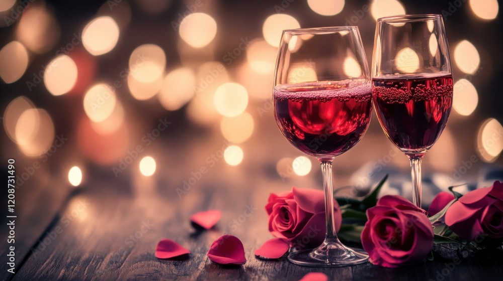 Romantic setting with wine glasses and roses on a wooden table. Romantic setting with wine glasses and roses on a wooden table.