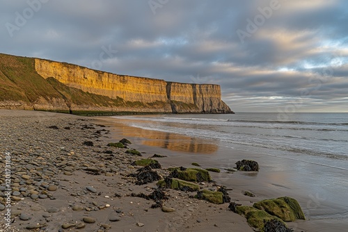 Serene Coastal Landscape at Dawn with Dramatic Cliffs, Calm Sea, and Rich Textures in the Sand and Rocks, Capturing Nature's Tranquility and Beauty photo