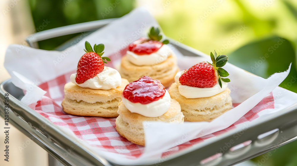 Strawberry scones with cream and jam, served outdoors on a tray, garden background; perfect for food blogs or recipe websites Strawberry scones with cream and jam, served outdoors on a tray, garden background; perfect for food blogs or recipe websites