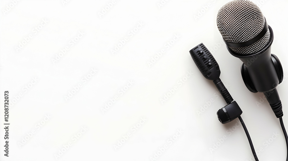 Obraz premium Studio microphone and lavalier mic on white background, copy space, podcasting setup