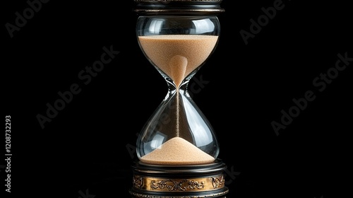 An hourglass with sand slowly flowing through its narrow neck, set against a stark black background. photo