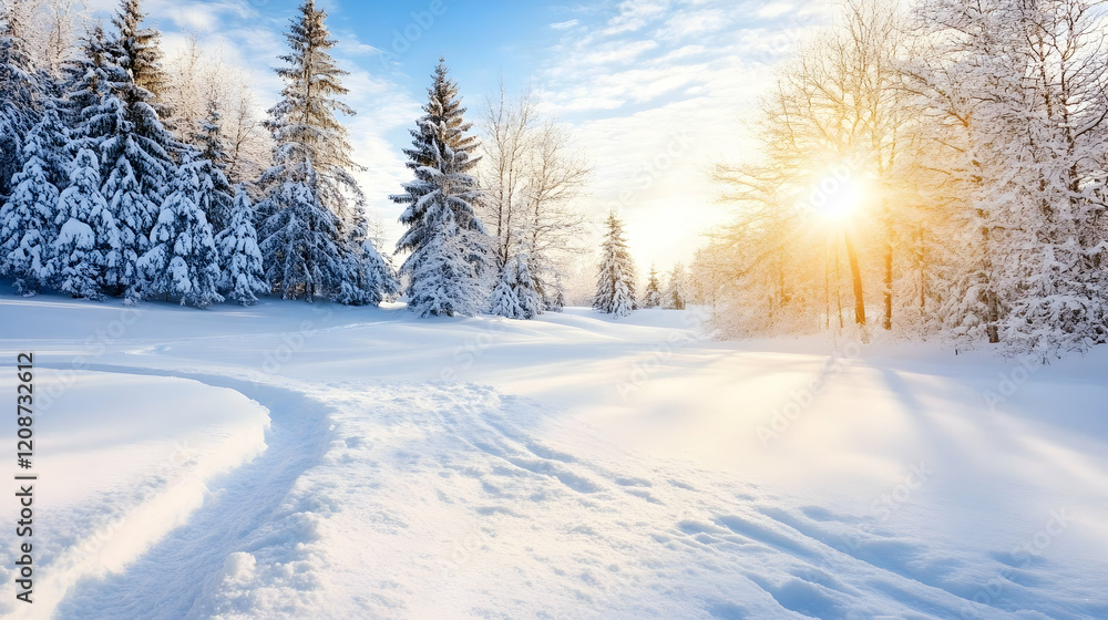Sunlit winter forest scene, snow-covered trees, fresh tracks, calm background, ideal for winter holiday cards Sunlit winter forest scene, snow-covered trees, fresh tracks, calm background, ideal for winter holiday cards