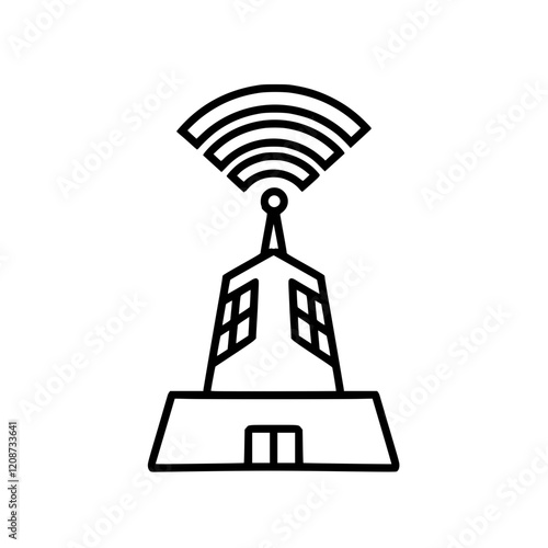 Vector illustration of a signal tower emitting waves, representing communication technology, wireless networks, and internet connectivity