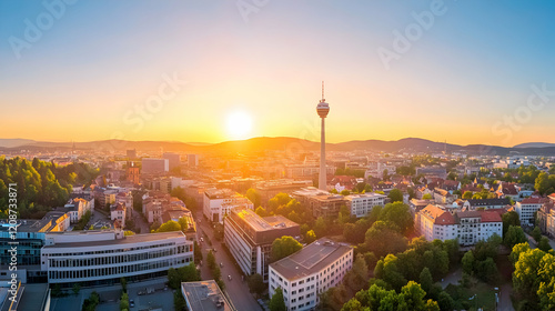 Sunset over Stuttgart, Germany, cityscape panorama with TV tower. Ideal for travel, tourism brochures