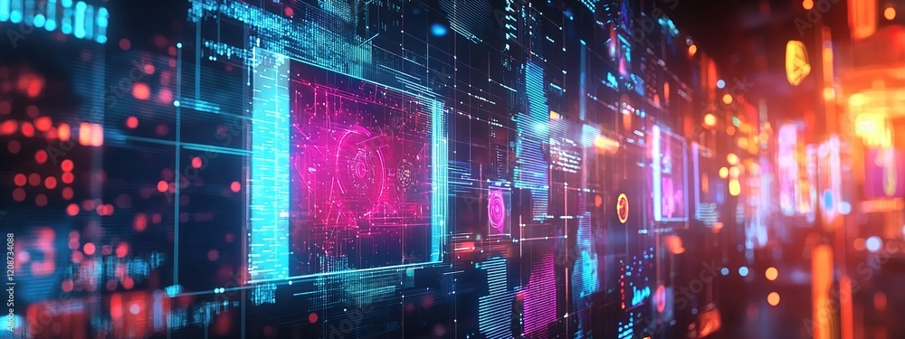 Interactive holographic panels illuminate space with vibrant neon colors Interactive holographic panels illuminate space with vibrant neon colors