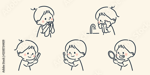 モーニングルーティーンのシンプルでかわいい子どものイラスト
