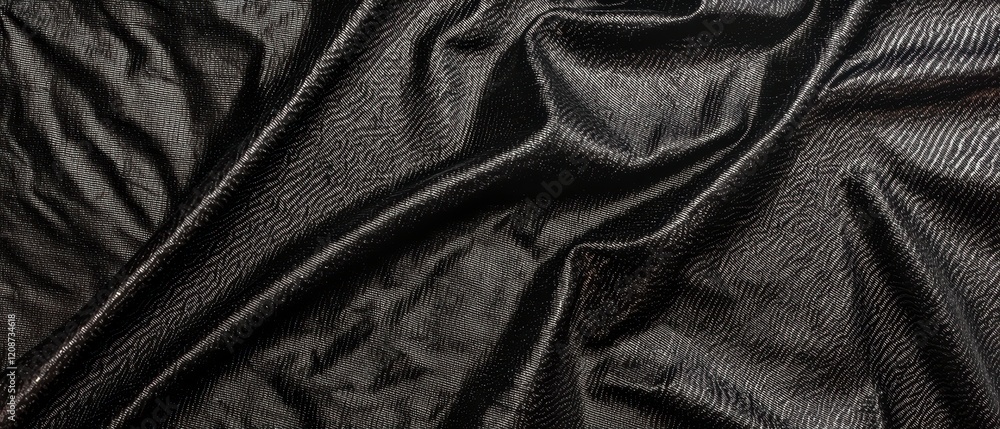 Fototapeta premium Luxurious Black Fabric Texture Draped Shiny Rippled Cloth Background